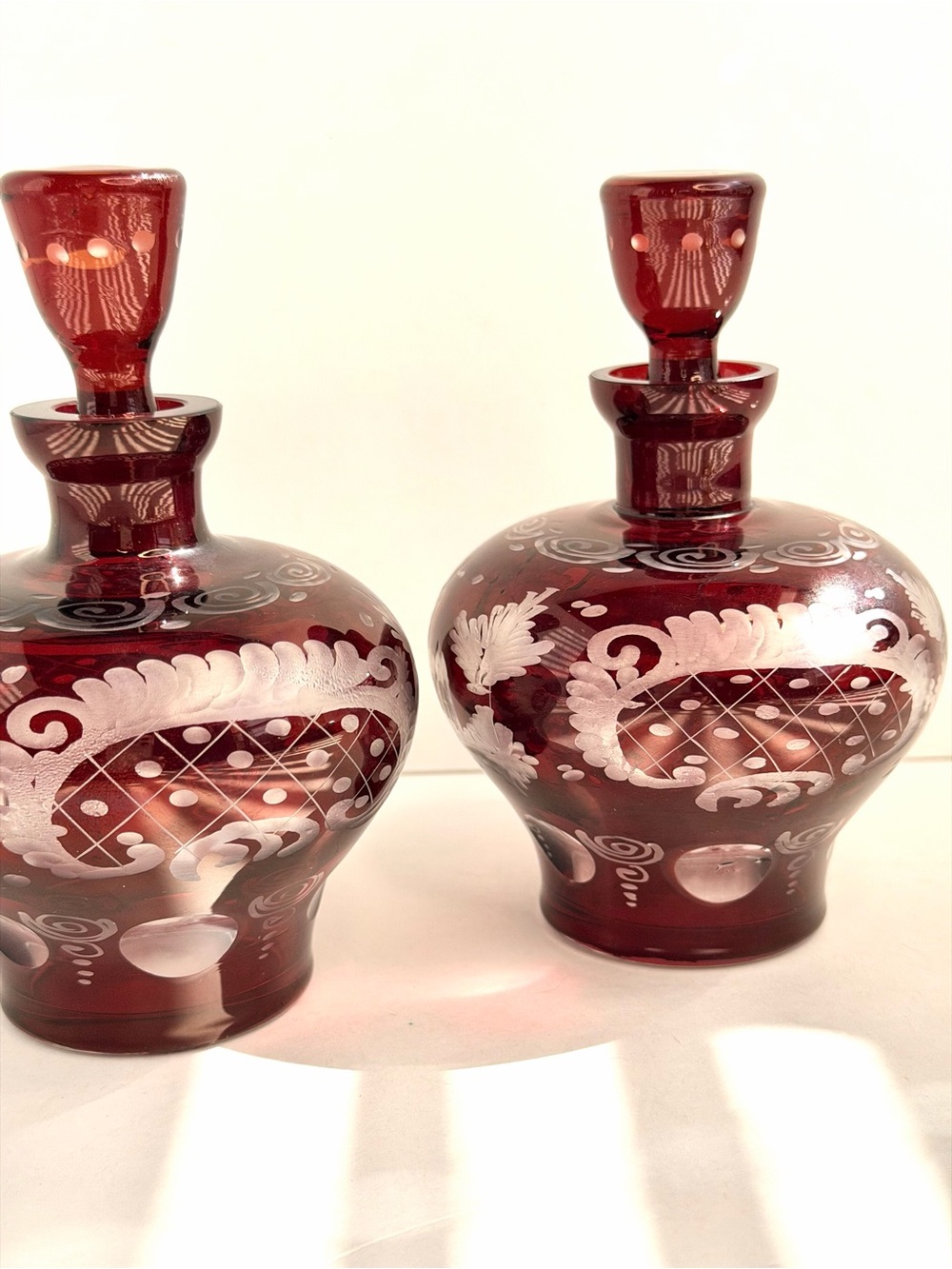 Egermann Ruby Cut To Clear Bohemian CZECH ART GLASS Bottles w/ Stoppers Set of 2